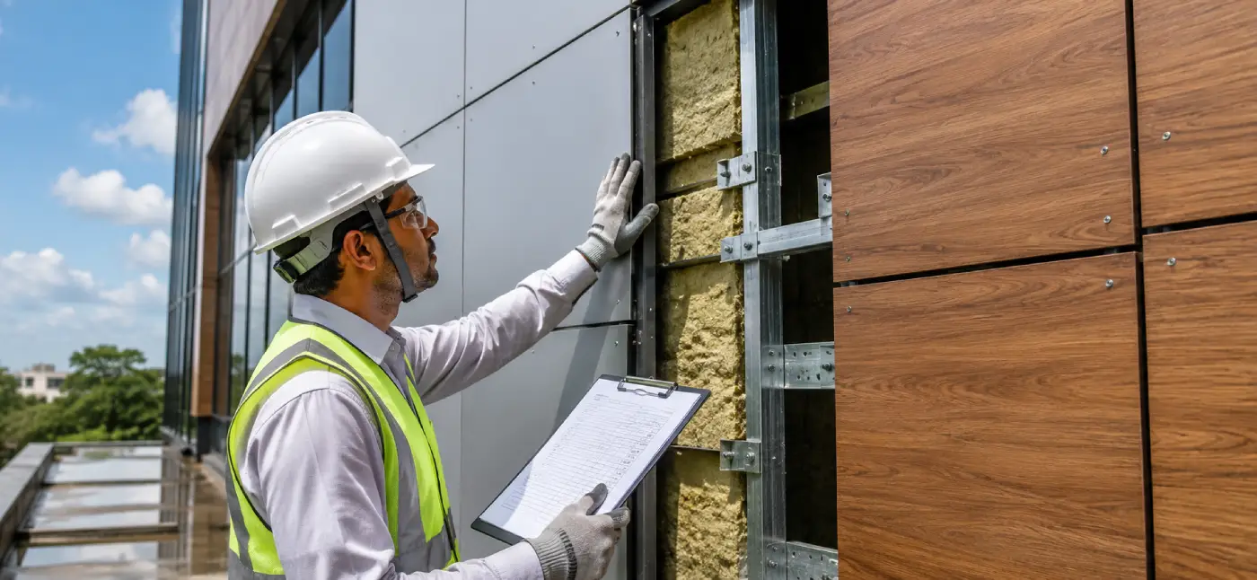 Construction engineer inspecting fire-rated facade panels for ACP Cladding vs HPL Cladding on a modern commercial building in India