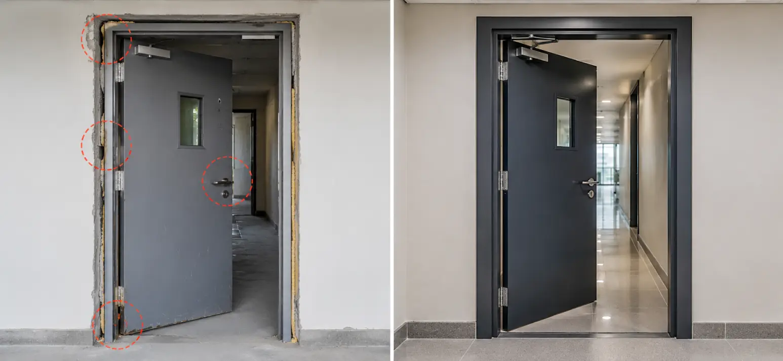 Fire Door Installation comparison showing incorrect installation mistakes beside a properly installed certified fire-rated door in a commercial building.