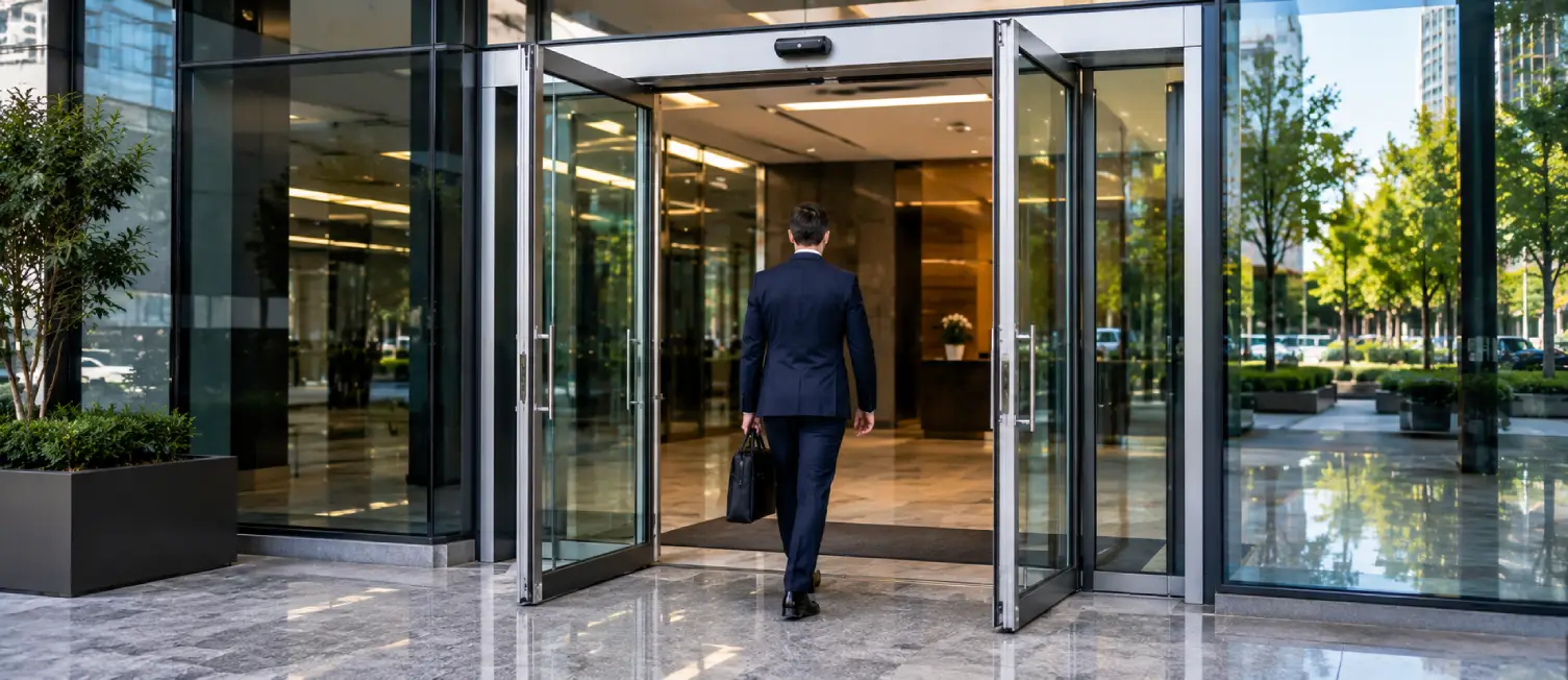Automatic swing glass entrance compared with Sliding Doors at a modern commercial building featuring premium aluminum framing and motion sensor technology.