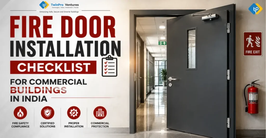 Fire Door Installation Checklist for Commercial Buildings in India featuring a certified fire-rated steel door in a modern commercial building corridor.