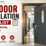Fire Door Installation Checklist for Commercial Buildings in India featuring a certified fire-rated steel door in a modern commercial building corridor.