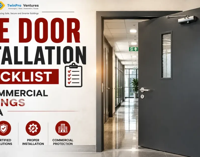 Fire Door Installation Checklist for Commercial Buildings in India featuring a certified fire-rated steel door in a modern commercial building corridor.