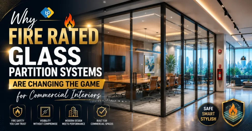 Why Fire Rated Glass Partition Systems Are Changing the Game for Commercial Interiors banner featuring a modern office with premium fire-rated glass partitions, sleek architecture, and enhanced workplace safety.