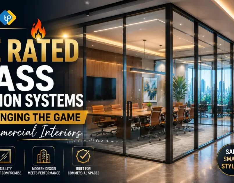 Why Fire Rated Glass Partition Systems Are Changing the Game for Commercial Interiors banner featuring a modern office with premium fire-rated glass partitions, sleek architecture, and enhanced workplace safety.
