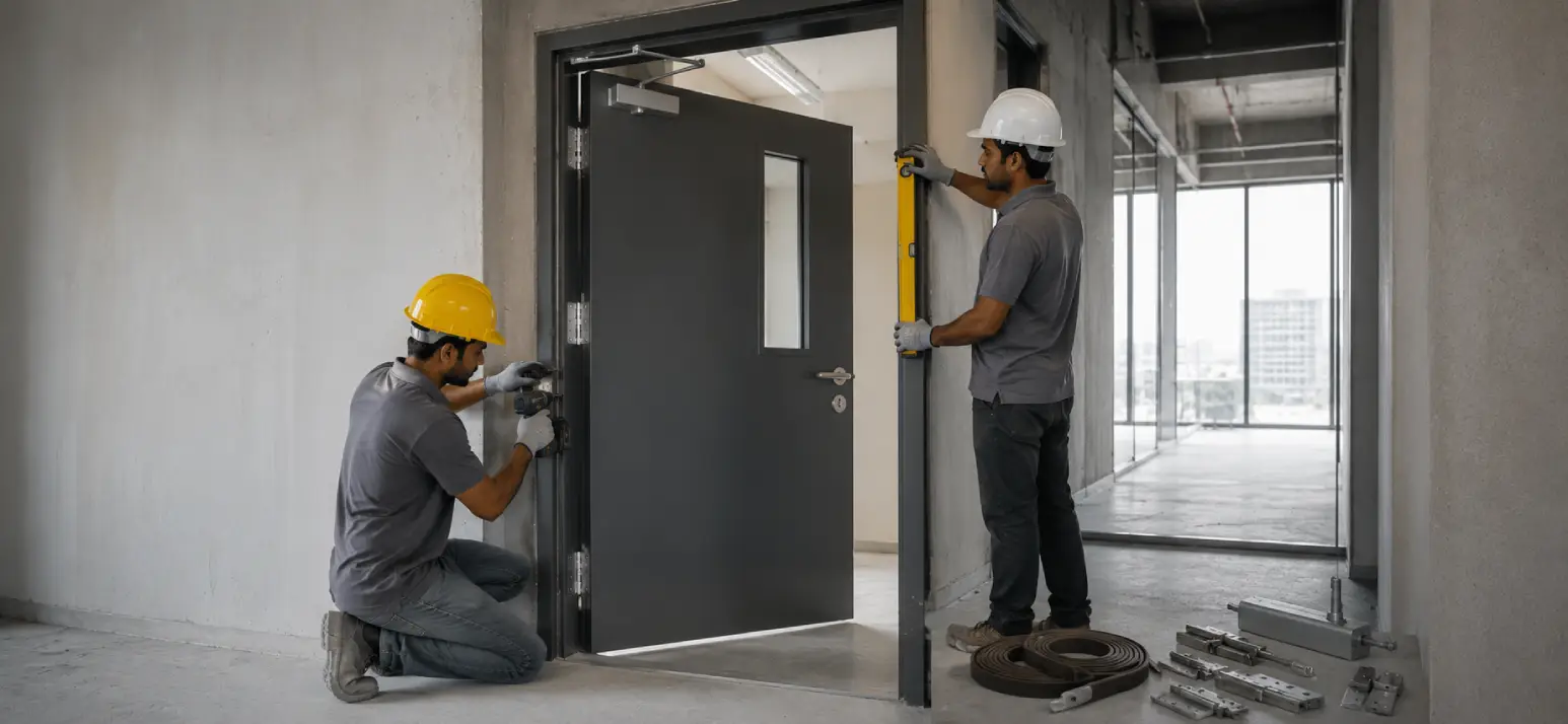 Professional Fire Door Installation in a commercial building with technicians fitting a certified fire-rated steel door, hinges and safety hardware.