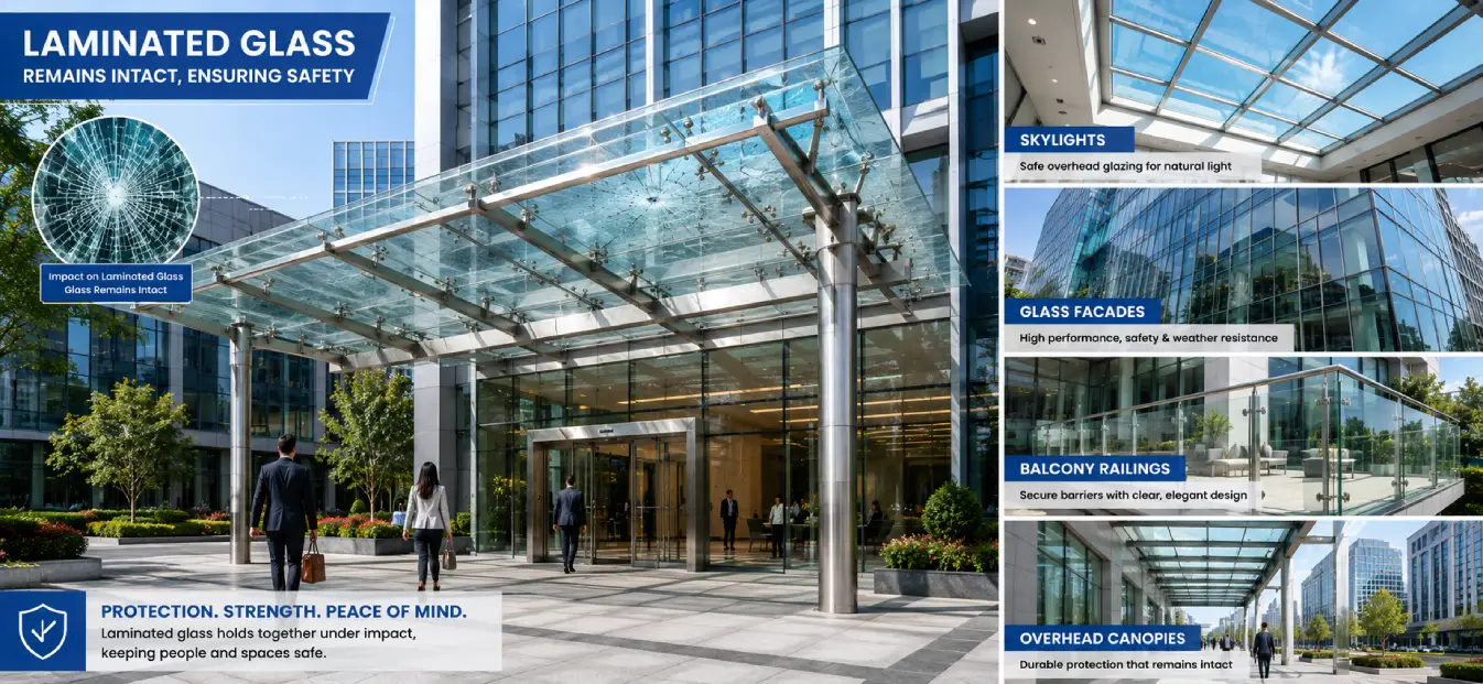 Toughened Glass vs Laminated Glass safety comparison featuring laminated glass in skylights, facades, balcony railings, and overhead canopies of a modern commercial building.