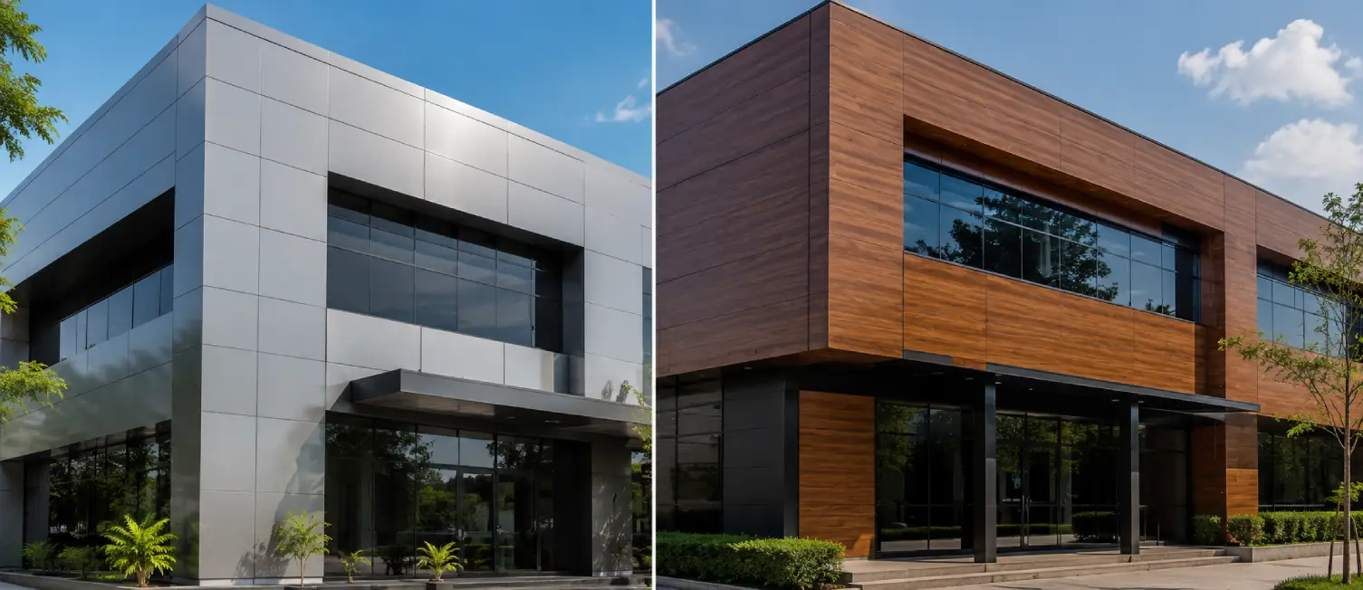 ACP Cladding vs HPL Cladding comparison on modern commercial building facades with metallic ACP panels and textured wood HPL exterior finish