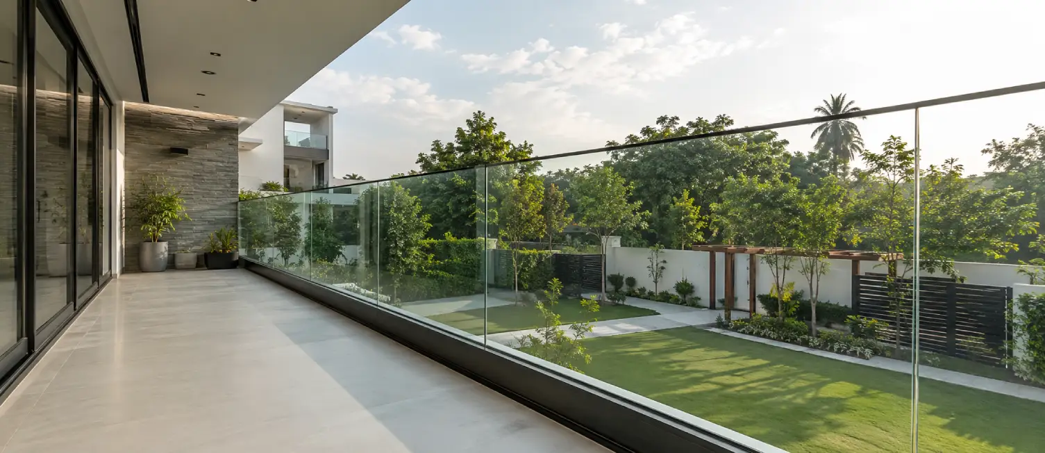 Modern frameless glass balcony with toughened glass panels showing how to avoid common glass railing design mistakes in luxury home construction.