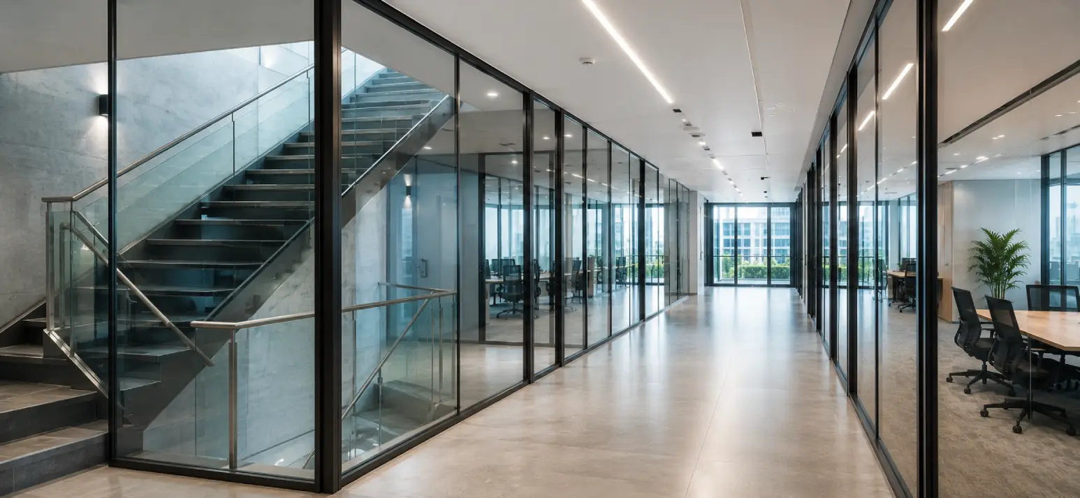 Commercial building corridor showcasing Fire Rated Glass Partition Systems around staircases and exit routes, providing enhanced fire safety, visibility, and contemporary architectural design.