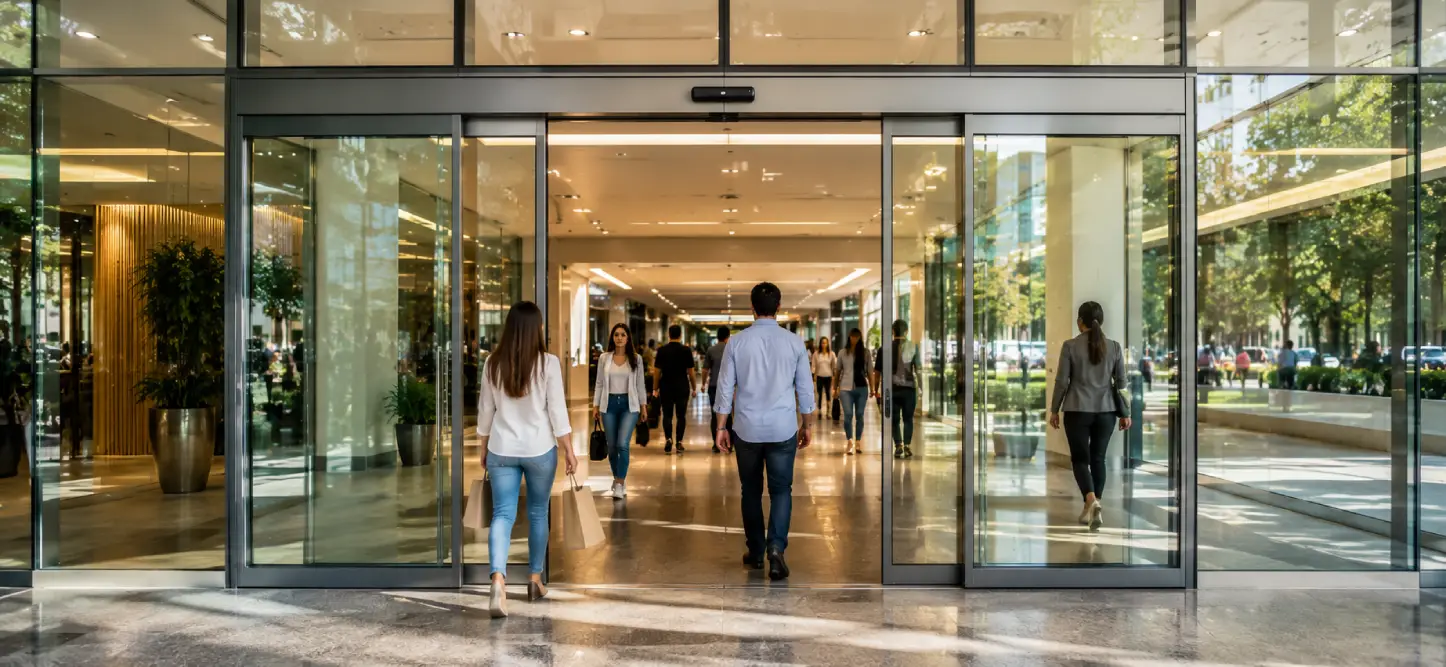 Modern Sliding Doors installed at a luxury shopping mall entrance with frameless tempered glass, automatic sensors, and high pedestrian traffic.