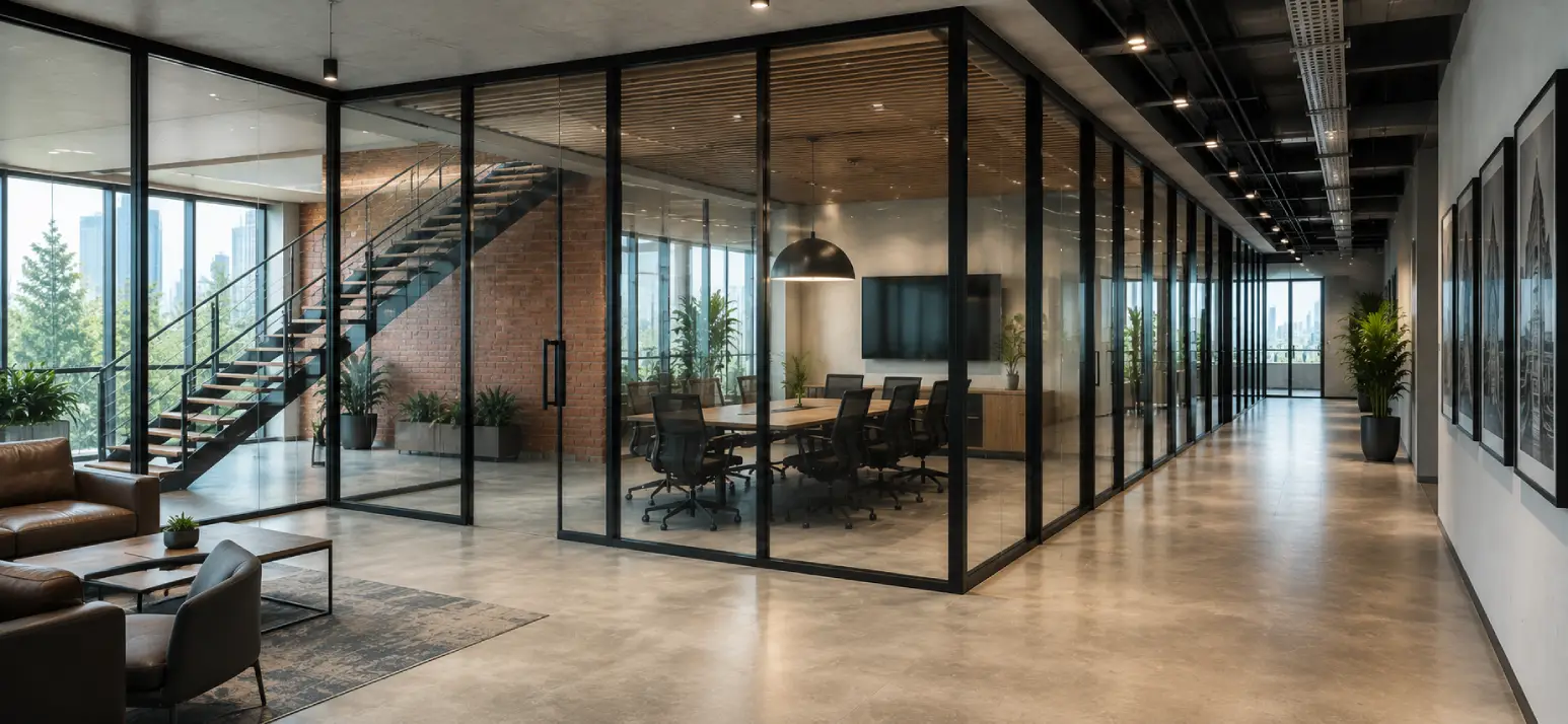 Luxury corporate workspace designed with premium Fire Rated Glass Partition Systems, frameless fire-resistant glass, elegant interiors, collaborative office spaces, and abundant natural lighting.