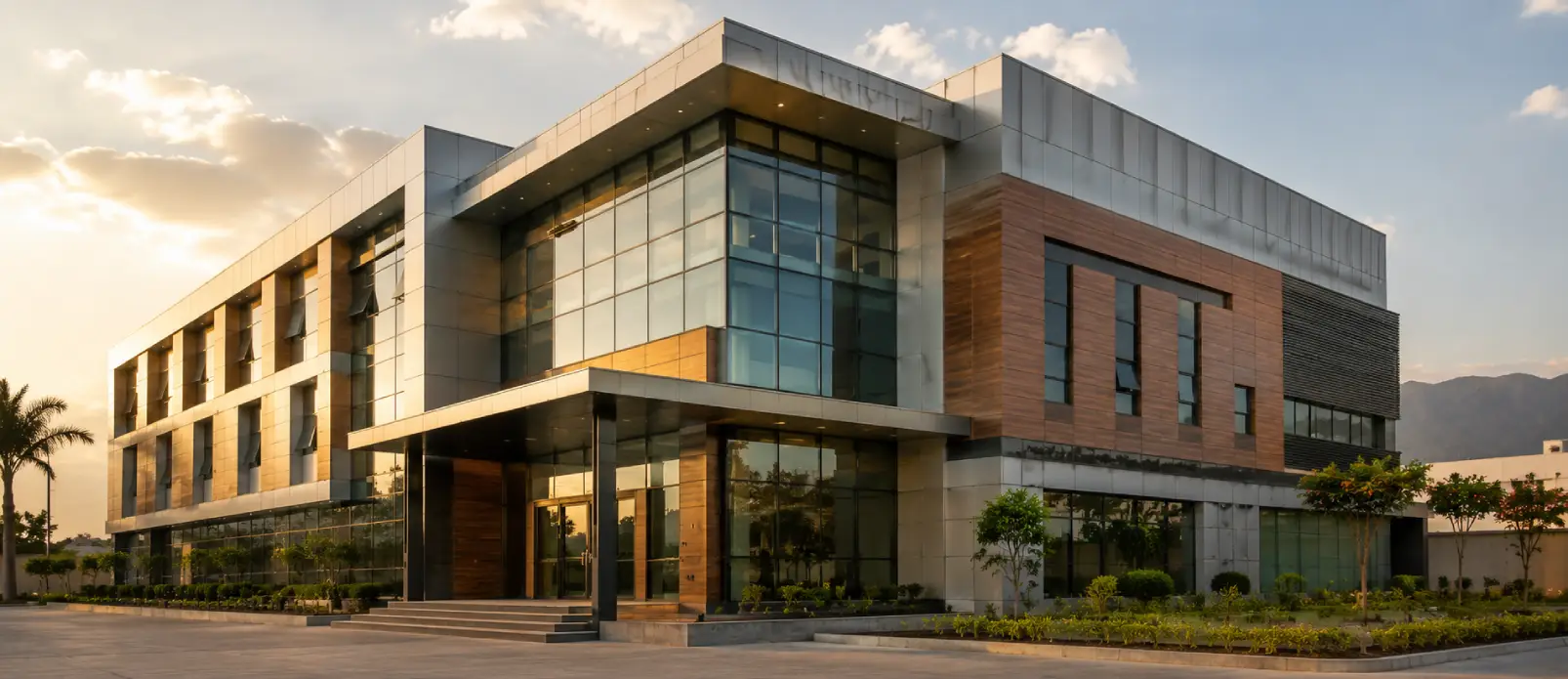 Modern commercial office building showcasing ACP Cladding vs HPL Cladding with glass facade, metallic panels, and wood-finish exterior design
