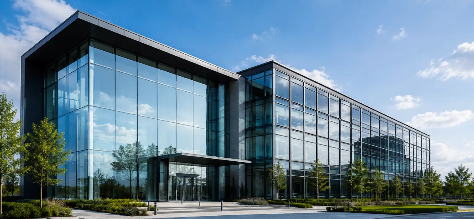 Modern commercial office building featuring structural glazing and curtain wall façade design, highlighting the visual comparison of structural glazing vs curtain wall systems for contemporary architecture.