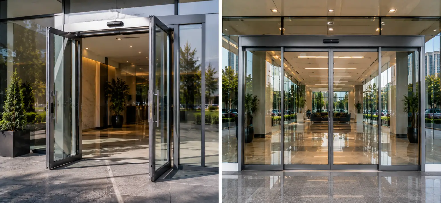 Comparison of automatic swing doors and Sliding Doors at identical commercial building entrances highlighting space efficiency and modern architectural design.