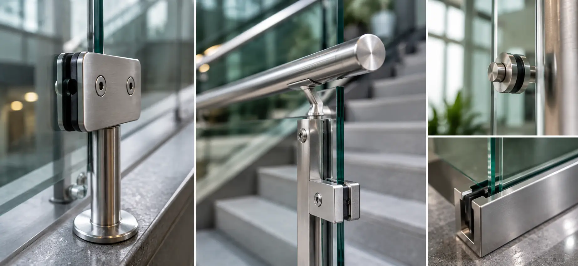 Premium stainless steel glass railing clamps and hardware highlighting the importance of avoiding glass railing design mistakes during installation.