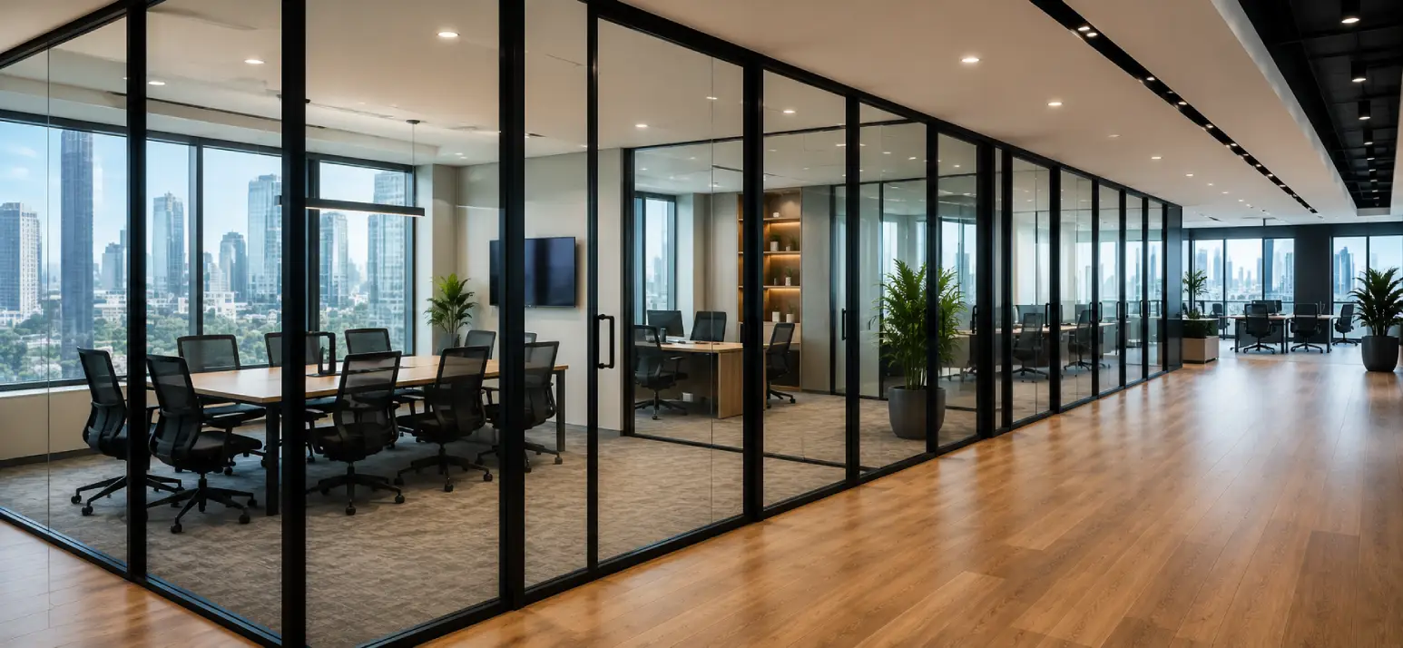 Modern commercial office featuring Fire Rated Glass Partition Systems with slim black aluminium frames, floor-to-ceiling clear fire-rated glass, and open meeting rooms filled with natural daylight.