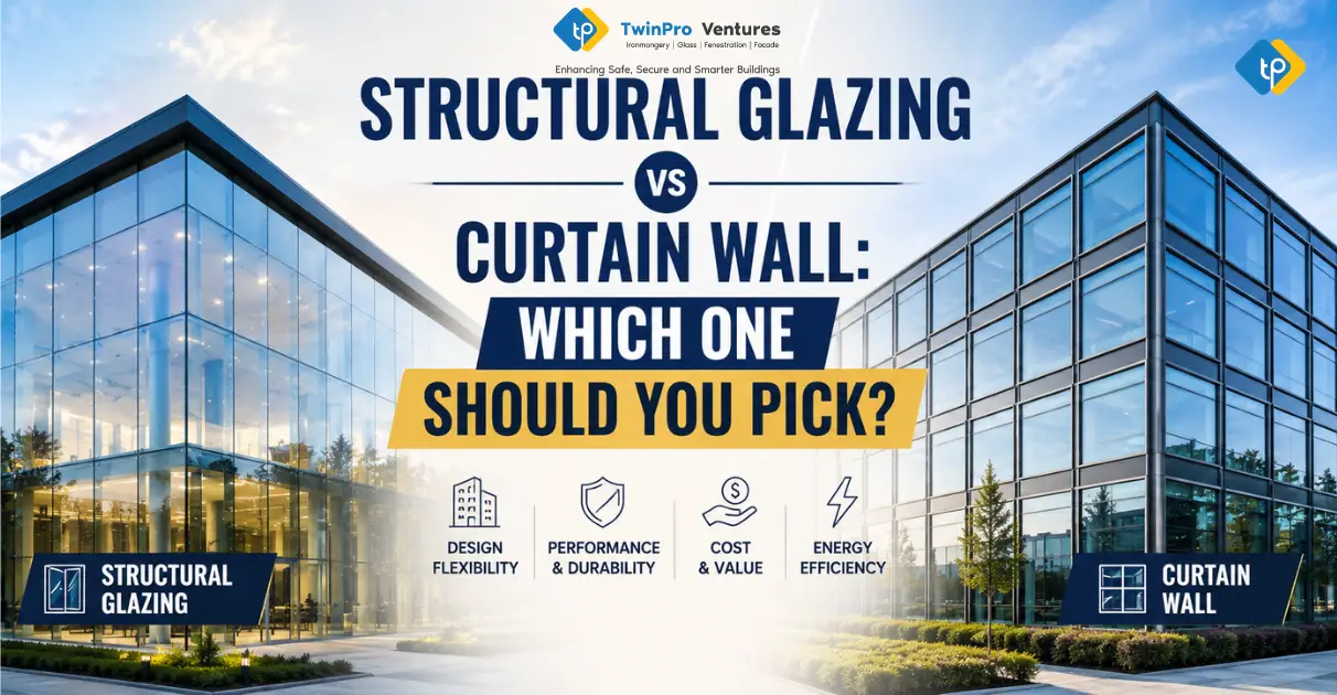 Blog banner illustrating structural glazing vs curtain wall, helping compare design, performance, cost, and the best façade system for commercial buildings.