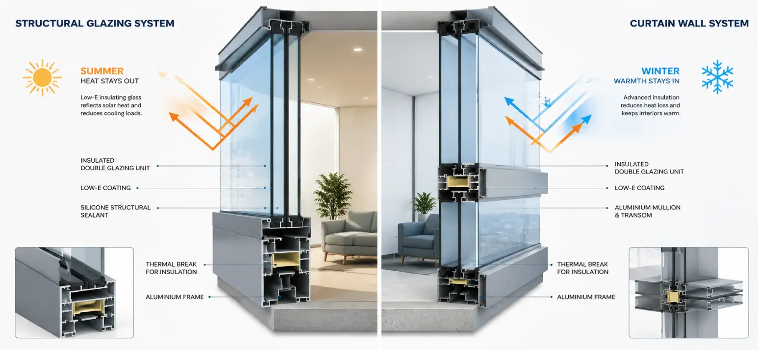 Technical illustration comparing thermal insulation, energy efficiency, and aluminium thermal break technology in structural glazing vs curtain wall systems for commercial buildings.