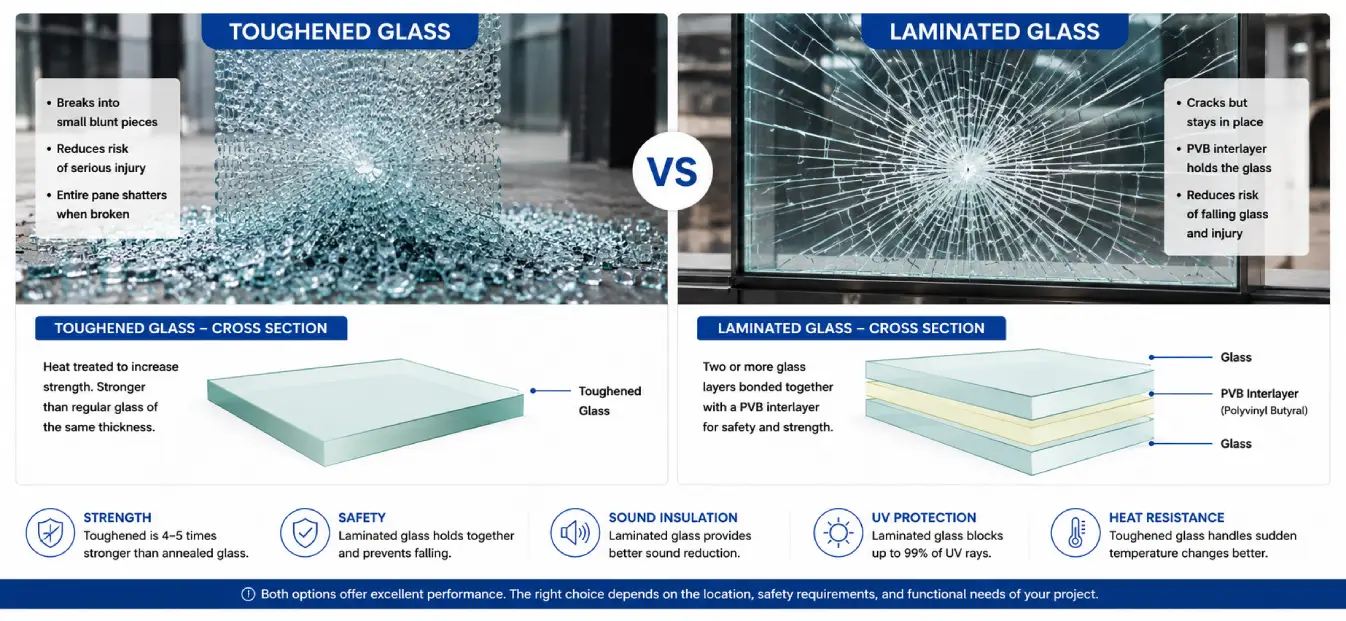 Toughened Glass vs Laminated Glass comparison showing breakage patterns, PVB interlayer structure, and cross-sectional differences for commercial building applications.