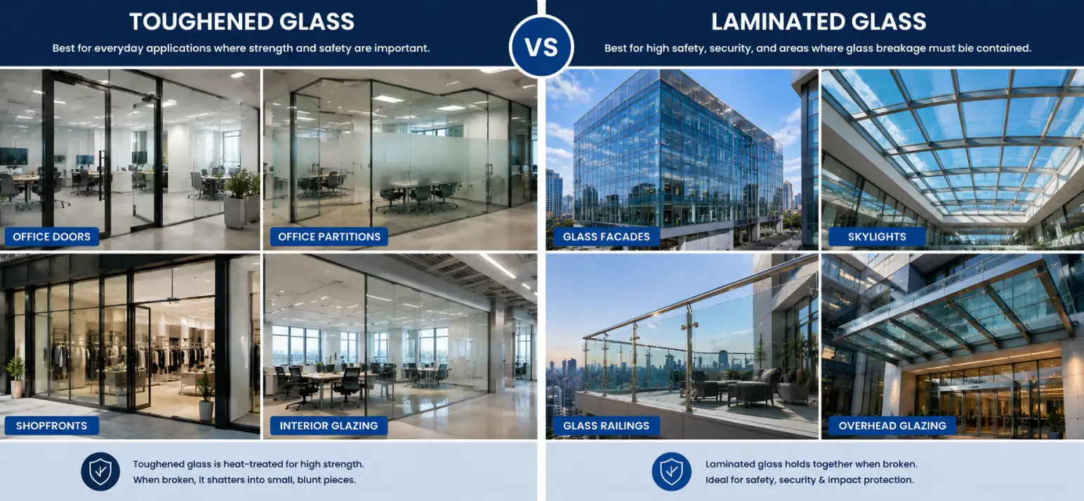 Toughened Glass vs Laminated Glass applications in commercial architecture, comparing office doors, partitions, shopfronts, facades, skylights, glass railings, and overhead glazing.