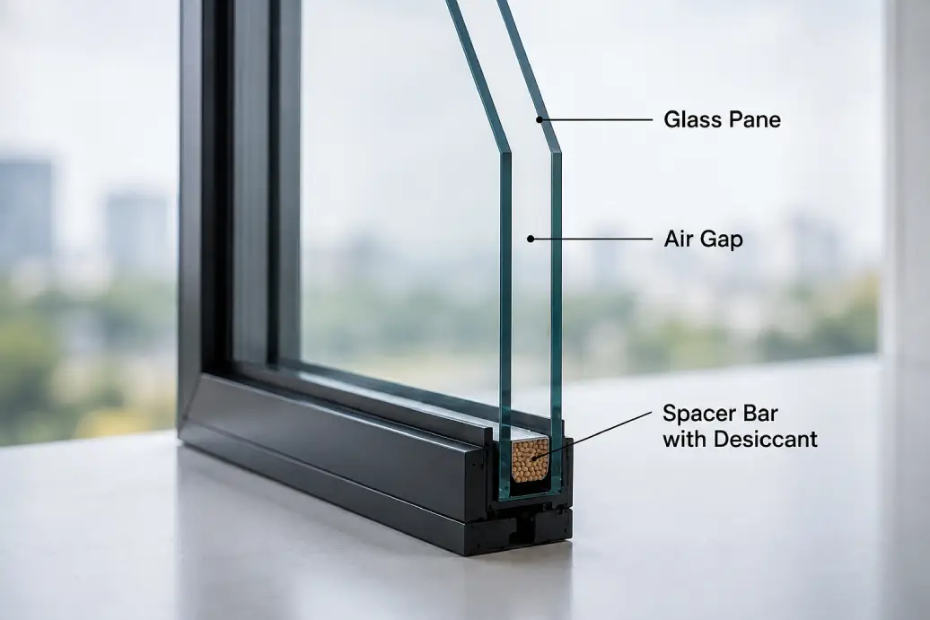 Double-glazed window cross-section showing glass panes, air gap and spacer for the best glass for commercial building
