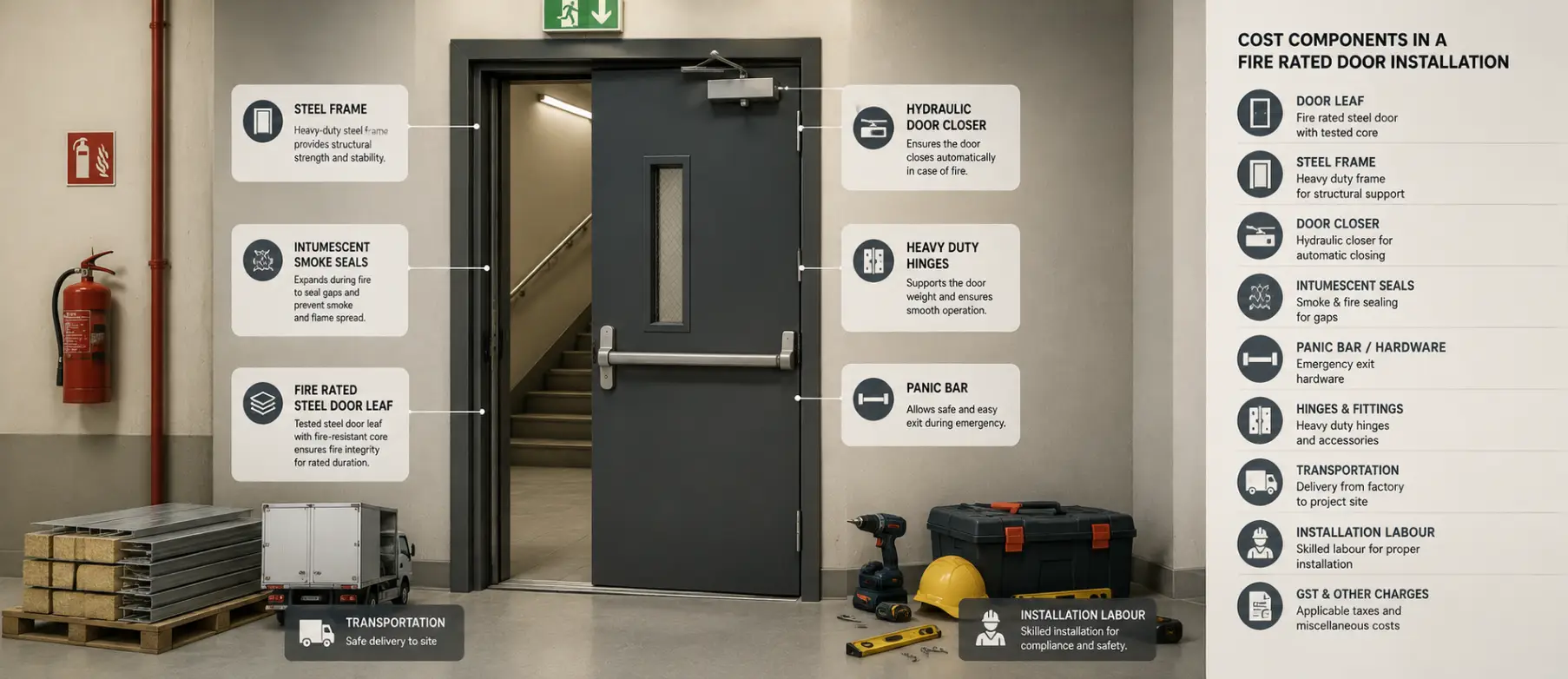 Fire rated door price breakdown showing door frame, hardware, seals, transport and installation costs