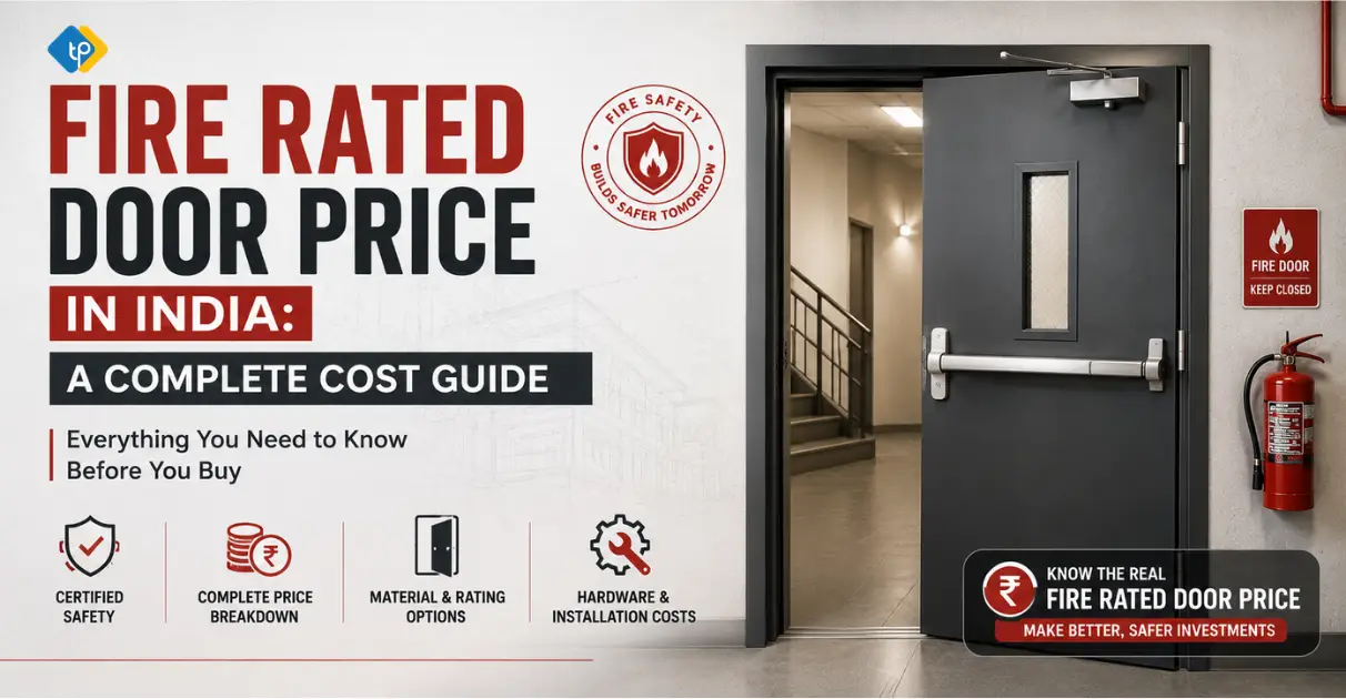Fire rated door price in India complete cost guide banner featuring a modern steel fire rated door and fire safety features
