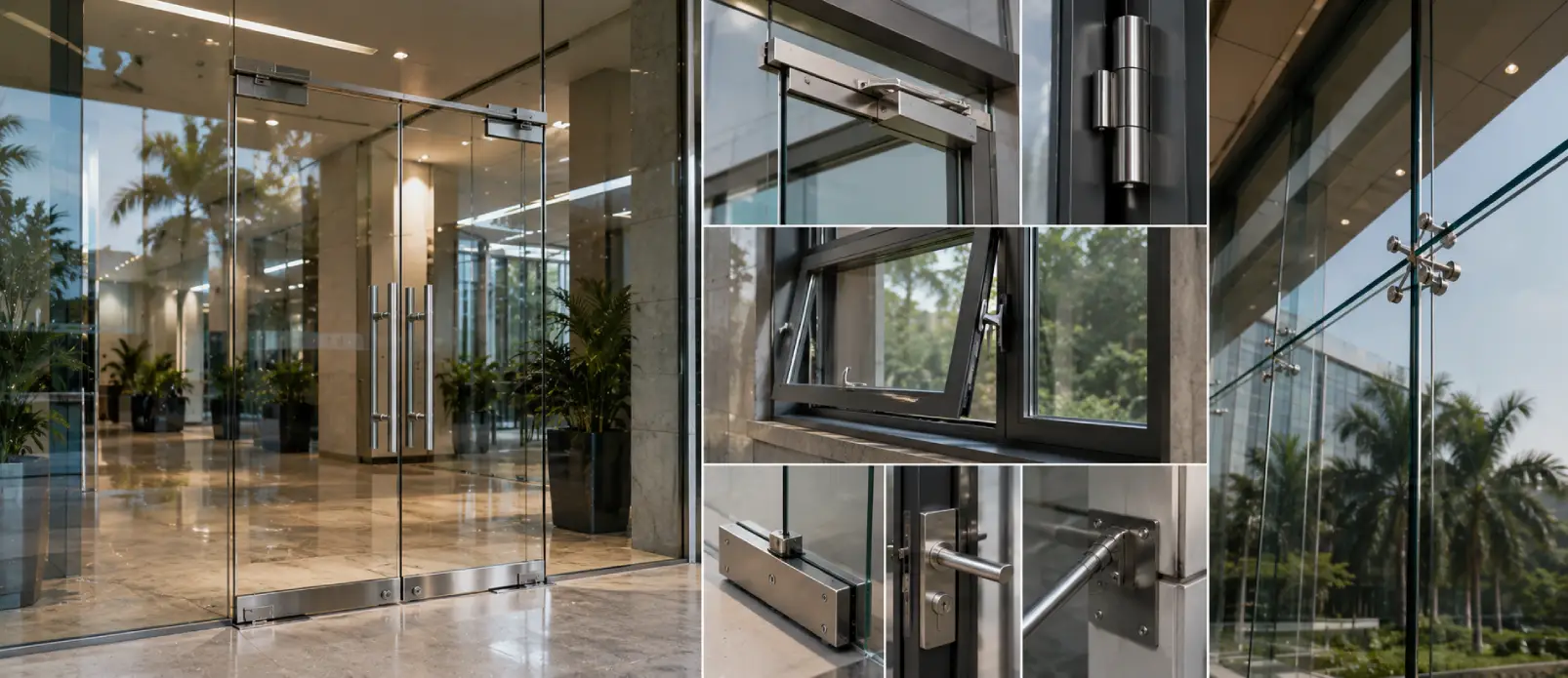 Building envelope hardware including glass door hinges closers locks window fittings and facade connectors