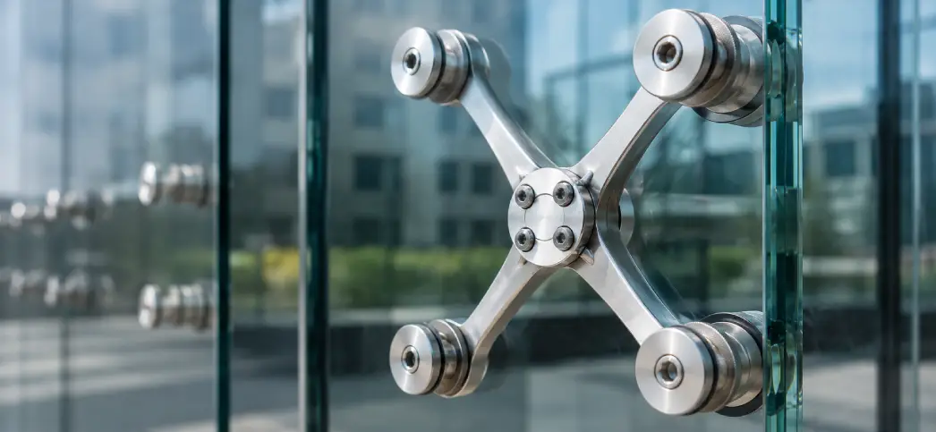 Close-up of stainless steel spider fittings used in glass façades with Spider Glazing Cost details