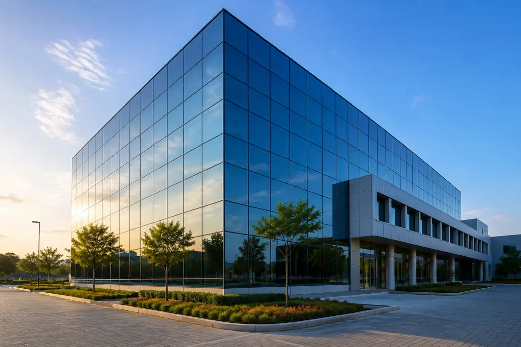 Reflective glass office building at sunset featuring the best glass for commercial building facades