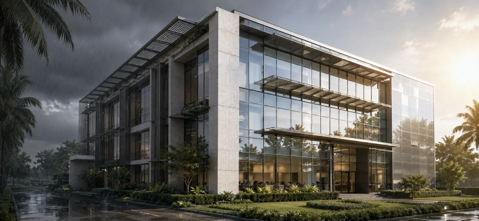 Climate responsive building envelope with solar shading energy efficient glazing and natural ventilation in Tamil Nadu