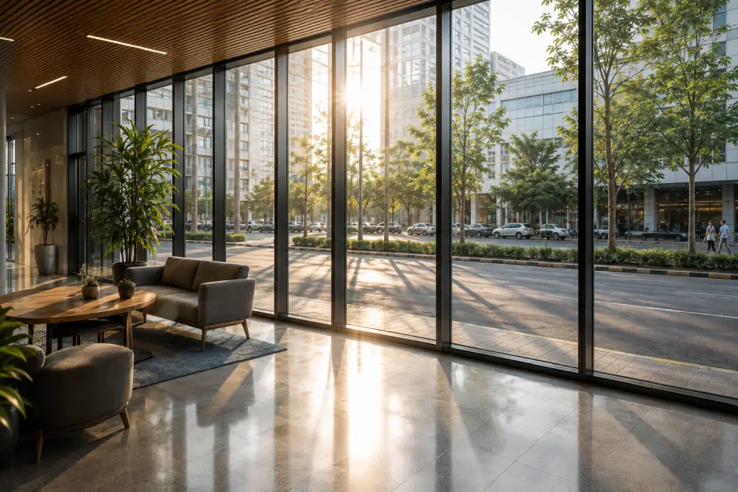 Modern commercial glass lobby with large windows using the best glass for commercial building interiors