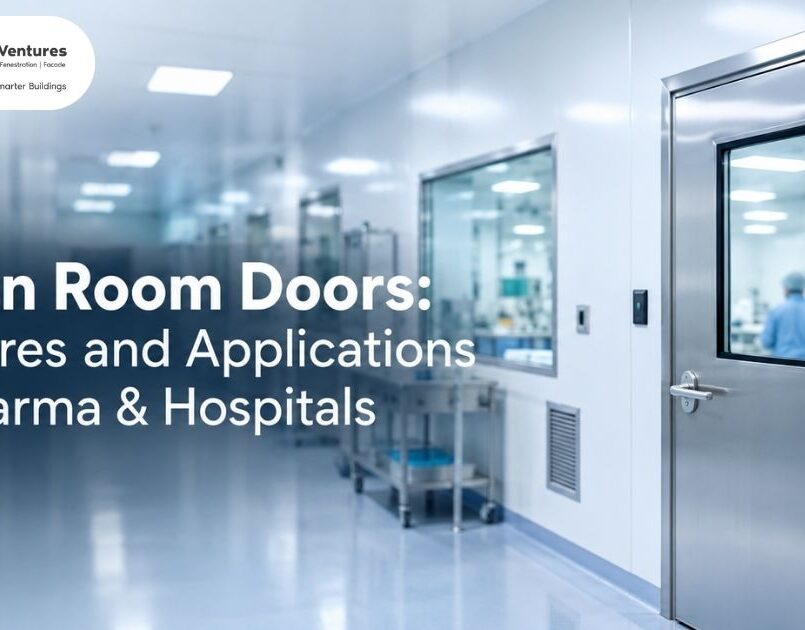 Clean room doors guide banner showing features and applications in pharma and hospitals