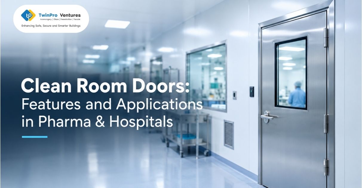 Clean room doors guide banner showing features and applications in pharma and hospitals