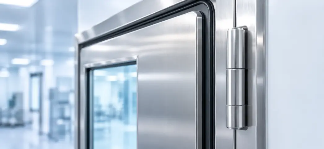 Close-up of clean room doors showing gasket seal and stainless steel hinge detail