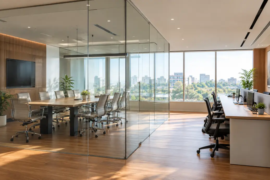 Glass partition cost example — frameless glass partition in a modern Indian office meeting room