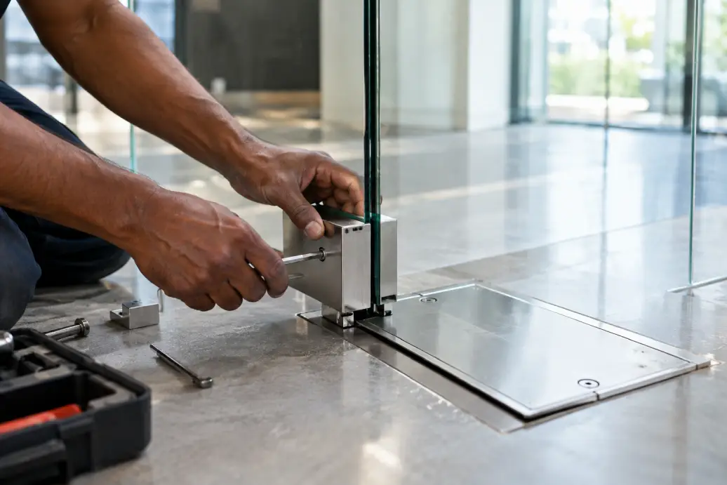 Glass partition cost breakdown — technician installing patch fitting and floor spring hardware