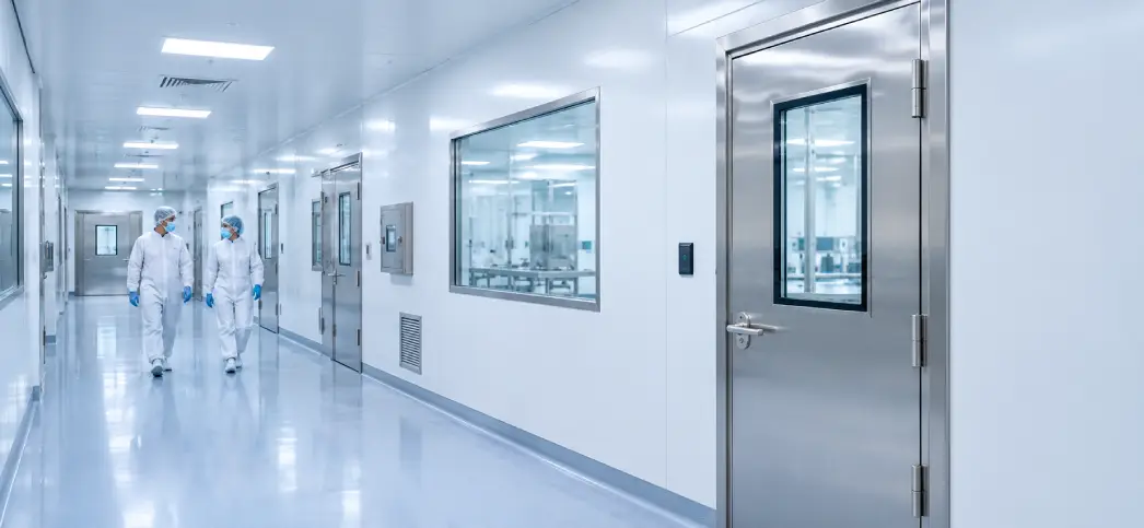 Clean room doors installed in a pharmaceutical cleanroom corridor with sealed gasket frame and vision panel