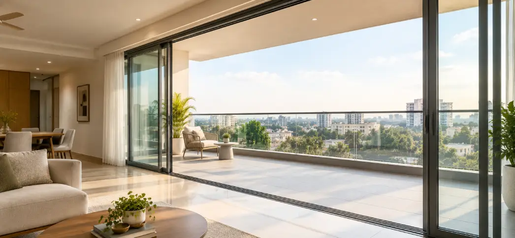 Modern balcony aluminium sliding door price example in Indian home