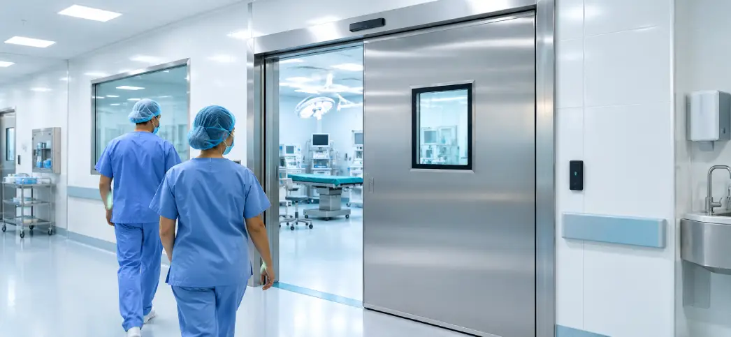 Clean room doors used at a hospital operating theatre entrance for infection control