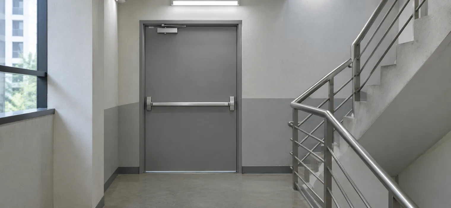 A modern grey fire exit door with a silver push bar is positioned next to a concrete stairwell.