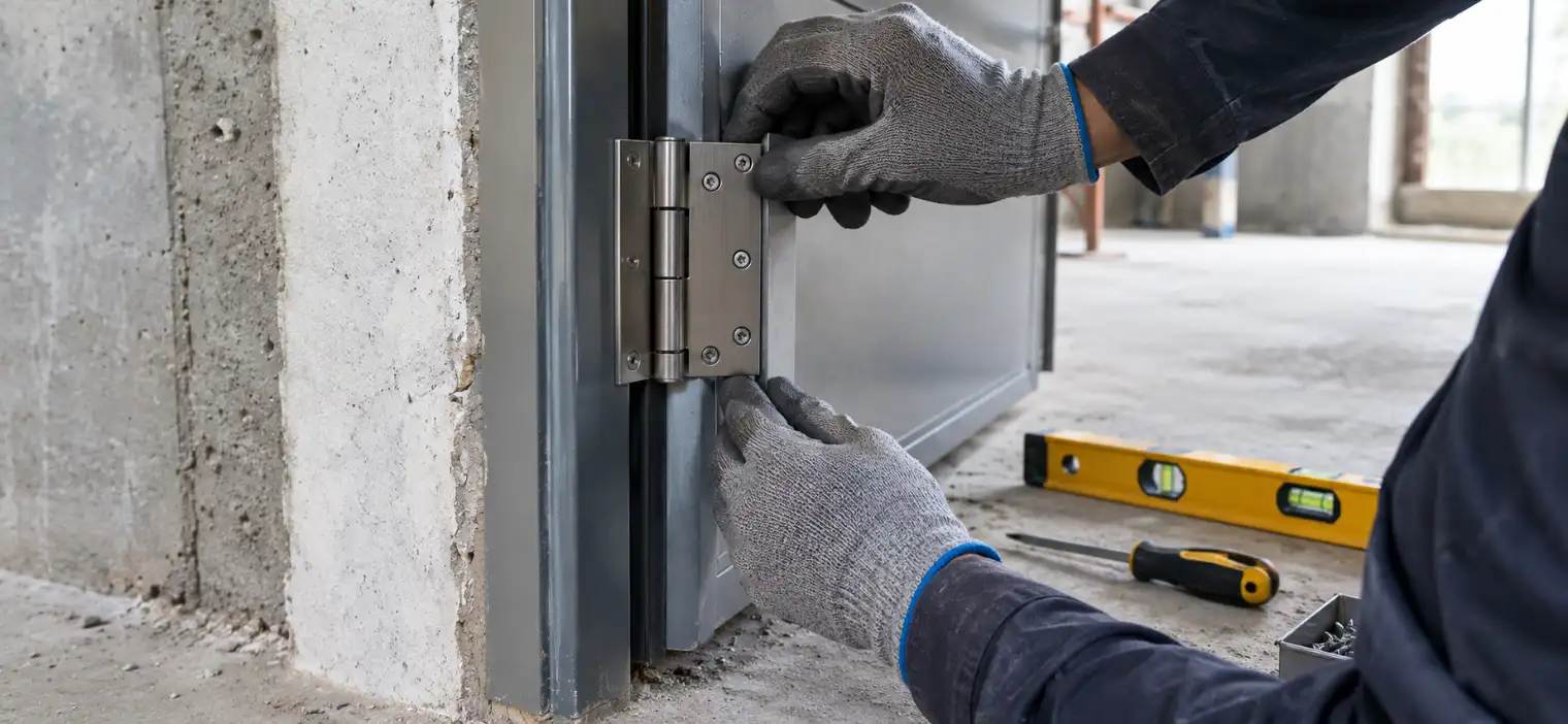 A worker wearing protective gloves installs a heavy-duty hinge on steel fire exit doors during construction.