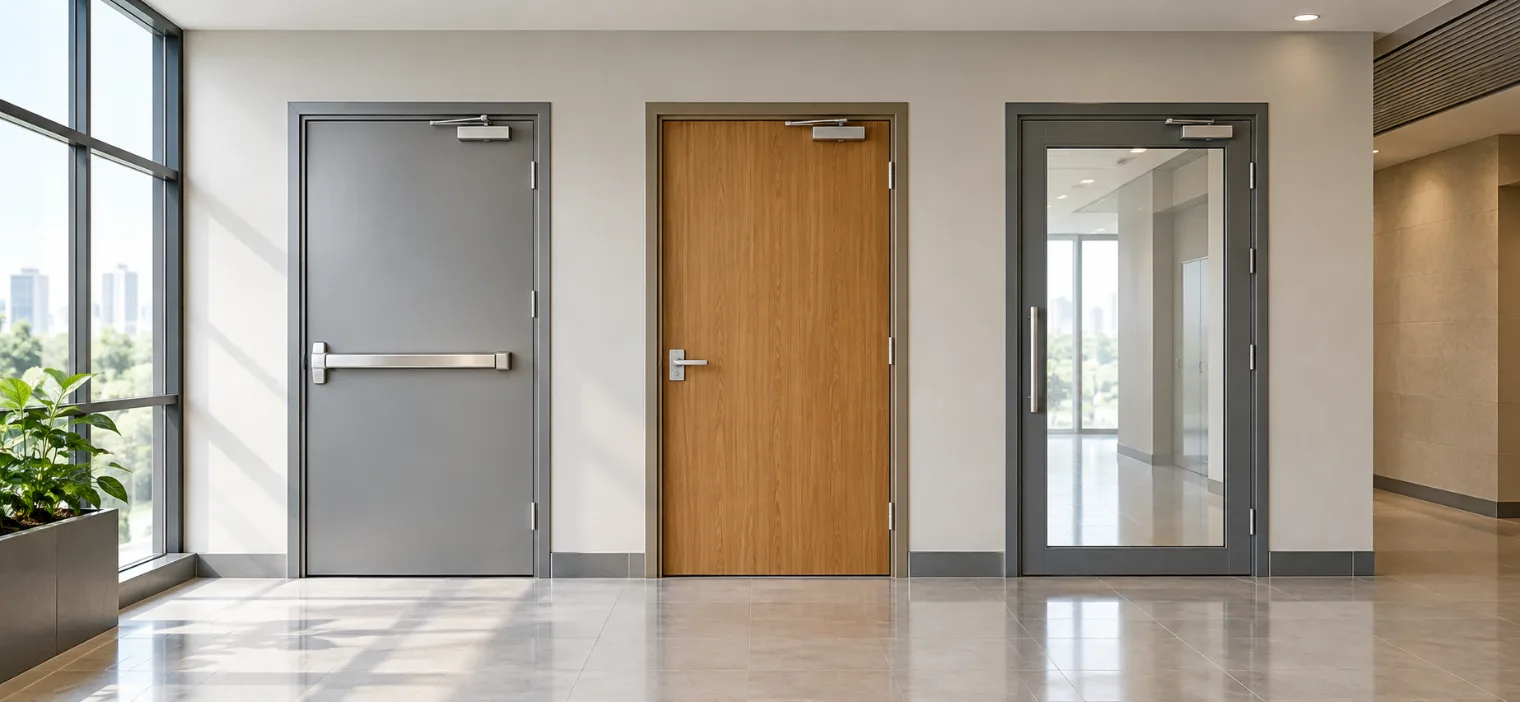 Three different fire exit doors, including steel, wood, and glass options, installed in a modern office hallway.