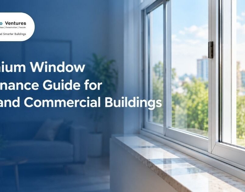 Aluminium window maintenance guide banner with a white aluminium window in a bright home