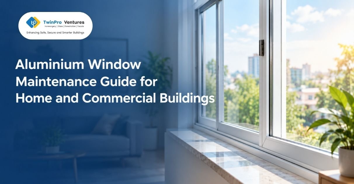 Aluminium window maintenance guide banner with a white aluminium window in a bright home