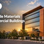 Banner showing best facade materials for commercial buildings in India on a modern glass and cladding office facade