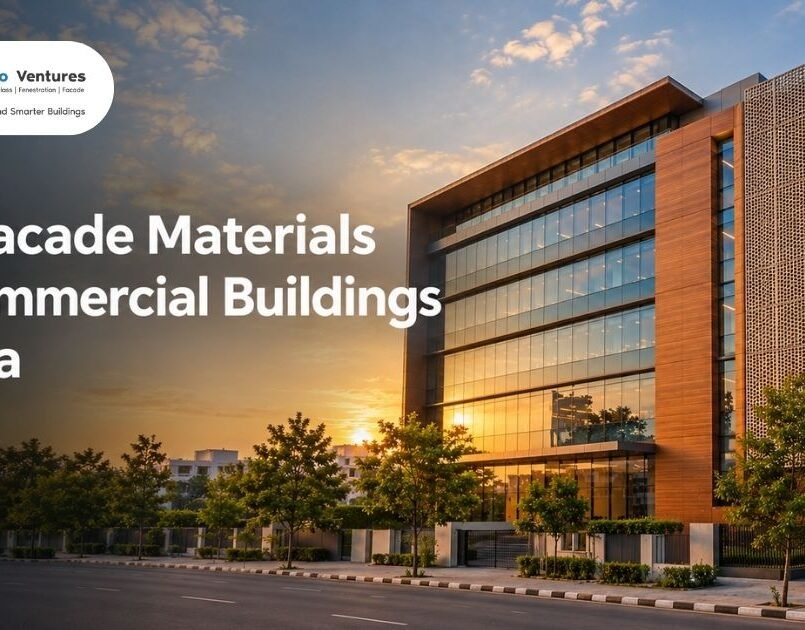 Banner showing best facade materials for commercial buildings in India on a modern glass and cladding office facade