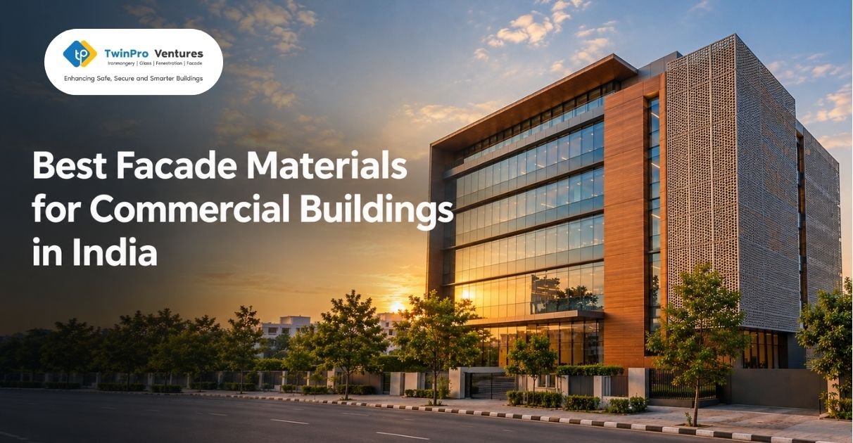 Banner showing best facade materials for commercial buildings in India on a modern glass and cladding office facade