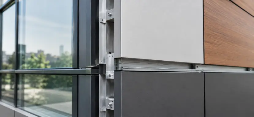 Close-up of facade materials on a commercial building, showing ACP panels, metal brackets, glass corner and sealed joints