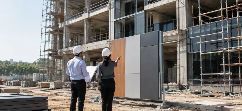 Architects inspecting a full-size mock-up of facade materials on an Indian commercial construction site